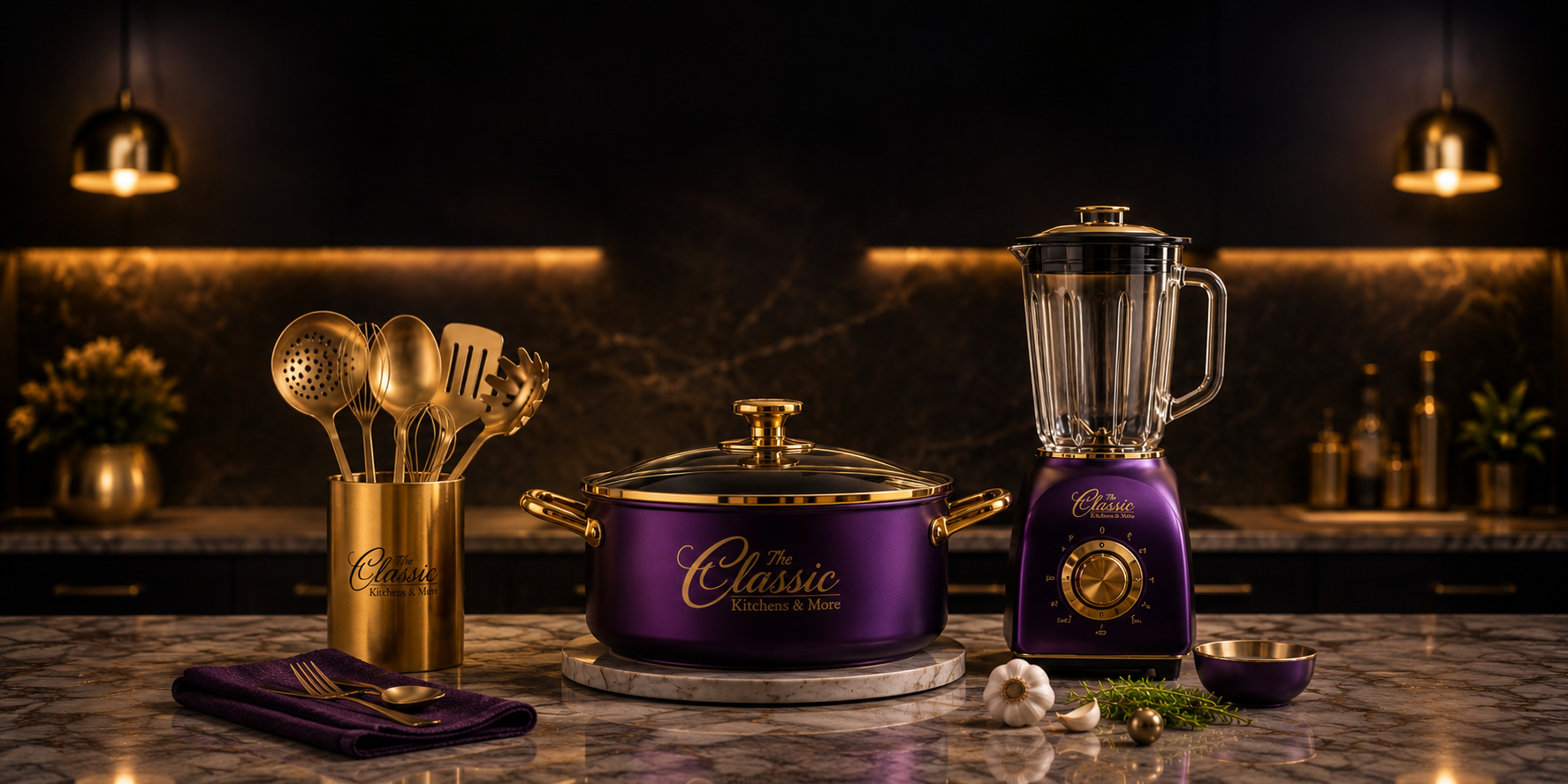 Premium purple & gold kitchenware — cookware, blender, and utensils by The Classic Kitchens & More